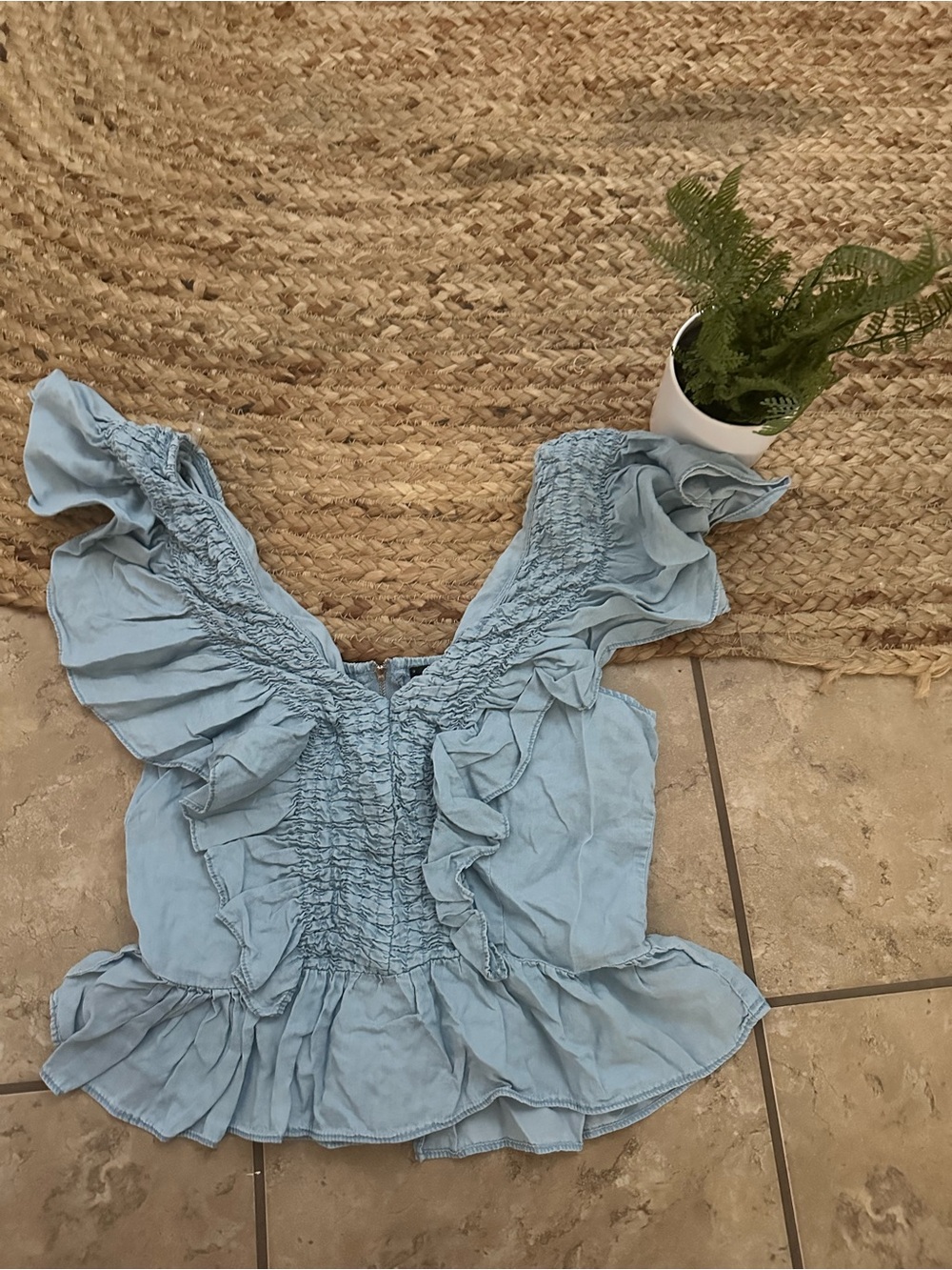 BLUE RUFFLE BLOUSE - Picture 1 of 6
